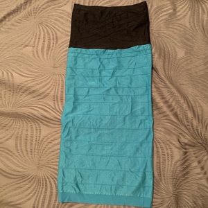 Bebe black and baby blue strapless bodycon dress